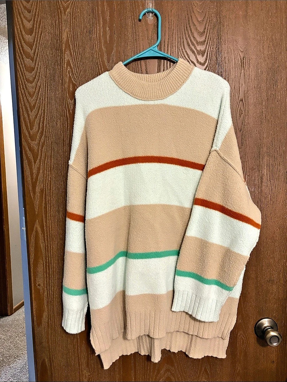 Free People Classic Striped Oversized Crewneck Sweater Cream & Brown XS